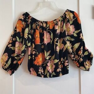 Rachel Zoe Womens Multi Tropical Floral Off Shoulder Cropped Shirt 3/4 Sleeve XS